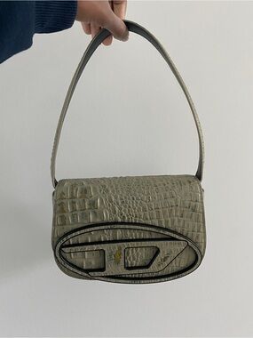 Diesel Croc-Embossed Shoulder Bag in Olive Green